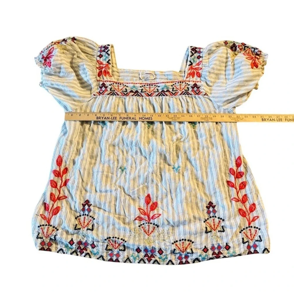 Johnny Was Workshop Blouse XL Ivory blue Stripes Embroidery Top boho puff sleeve